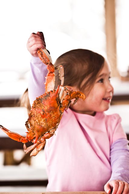 Child holding steamed Maryland Crab; photography by Steve Buchanan Photography